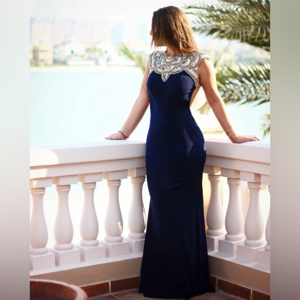Jovani 23102 embellished cap sleeves fitted Jersey style prom dress